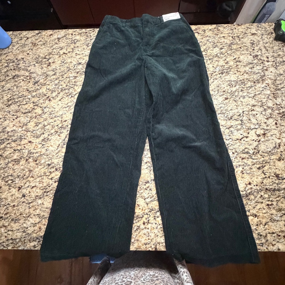 Uniqlo Dark Green High Waisted Corduroy Wide Straight Pants 12 W30 ws